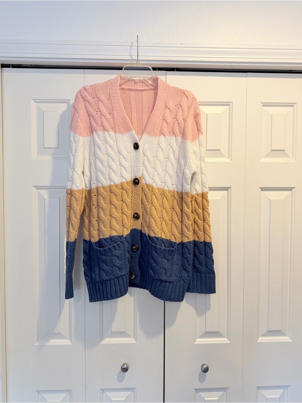 Women's Pastel Colorblock Cable Knit Button-Down Cardigan Sweater #0170
